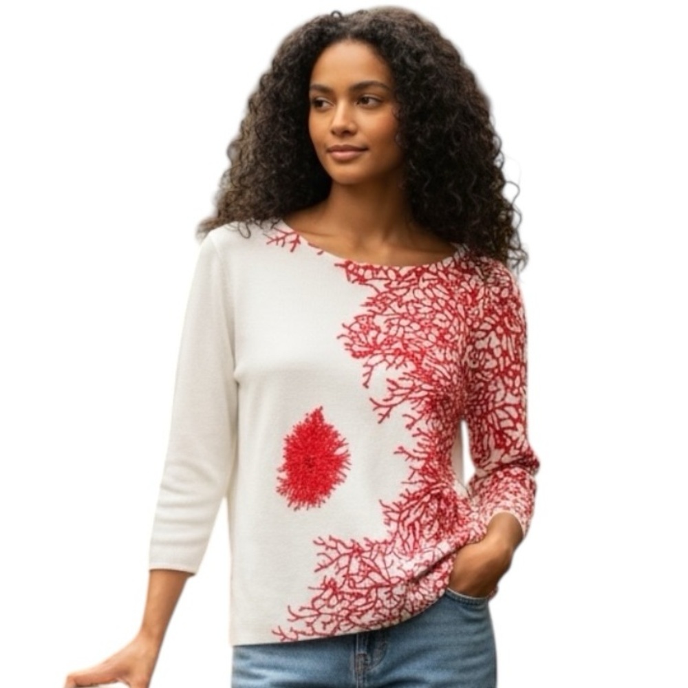 Victor Costa White & Red Sweater Size Large Beaded Accents V Back Knit Pullover